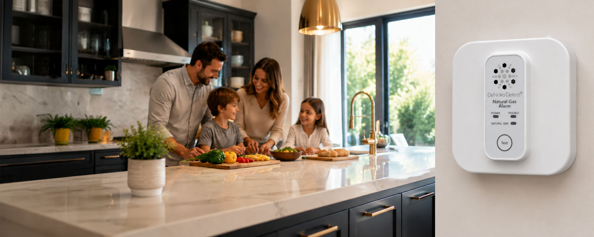family protected by a DeNova Detect natural gas alarm